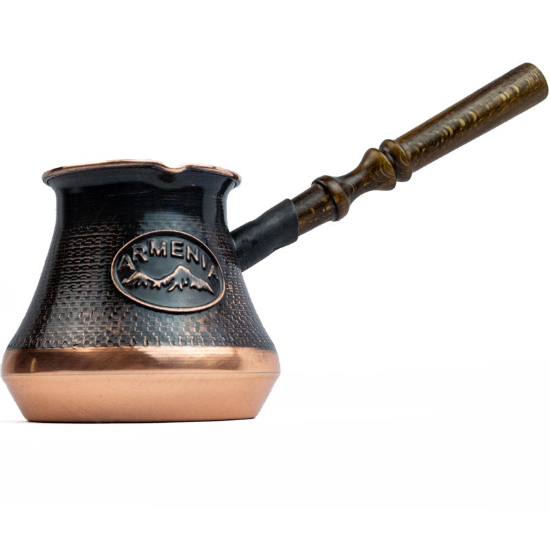 HandCraftoria Handmade Armenian Coffee Pot Maker 2 Small cup Copper Jazva Ararat Turkish Arabic Greek Cezve Jezve Ibrik Turka Jazve Wooden Handle (7 Fl Oz) - Image 1